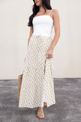 Butter Yellow Ditsy Floral Side-Slit Drawstring Maxi Skirt