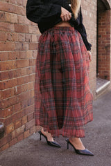 Red & Black Plaid Organza Double-Layer Maxi Skirt