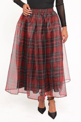 Red & Black Plaid Organza Double-Layer Maxi Skirt