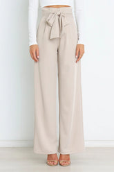 Oatmeal High-Waisted Tie-Waist Wide-Leg Tailored Trousers