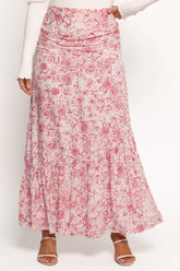 Pink & White Floral Print Ruched-Waist Ruffle-Hem Maxi Skirt