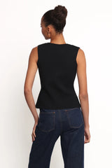 Black Ribbed Knit V-Neck Metal Button Sleeveless Vest
