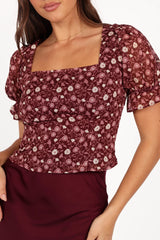 Burgundy Floral Print Square Neck Puff Sleeve Cropped Blouse