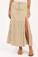 Butter Yellow Ditsy Floral Side-Slit Drawstring Maxi Skirt