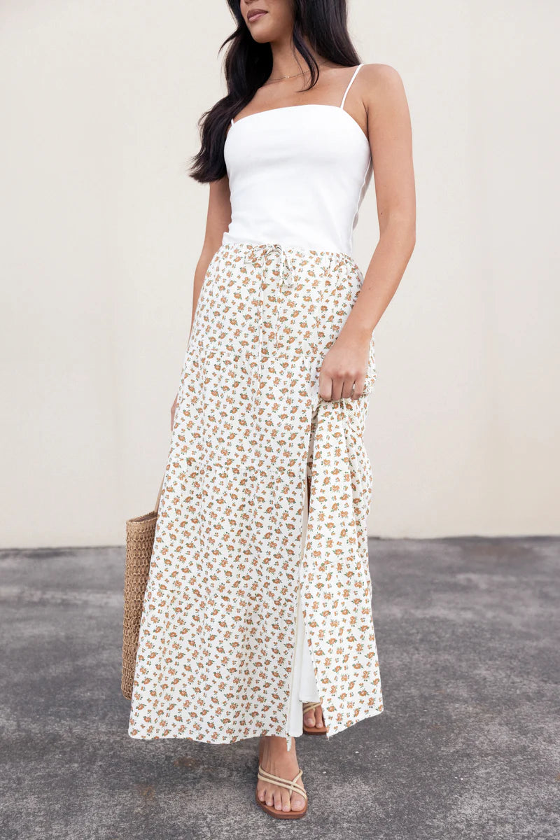Butter Yellow Ditsy Floral Side-Slit Drawstring Maxi Skirt
