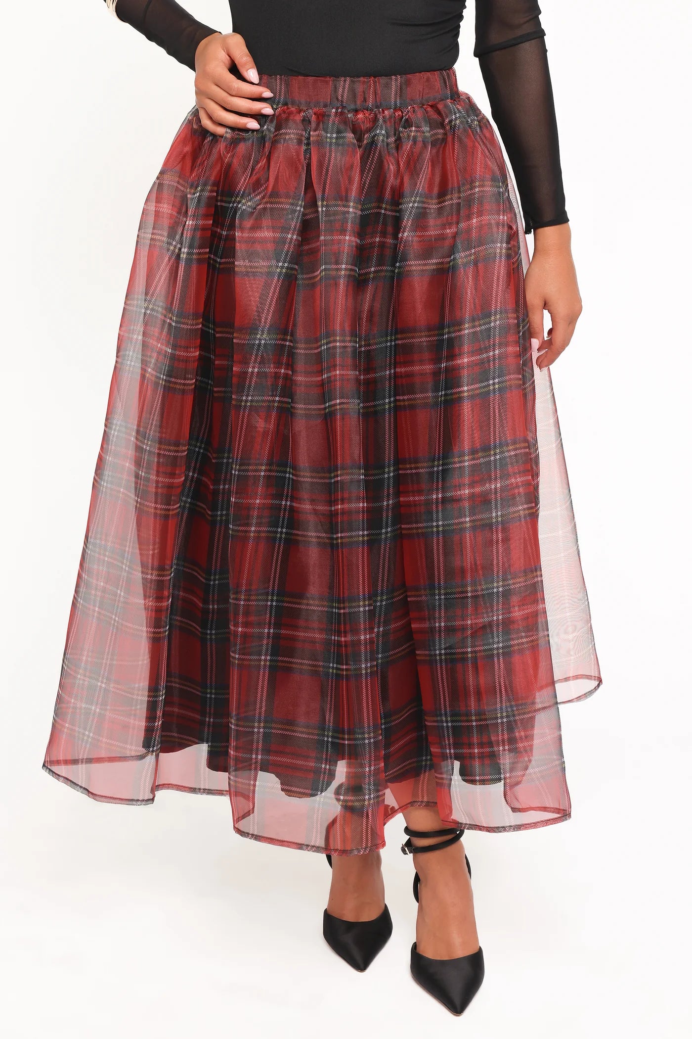 Red & Black Plaid Organza Double-Layer Maxi Skirt