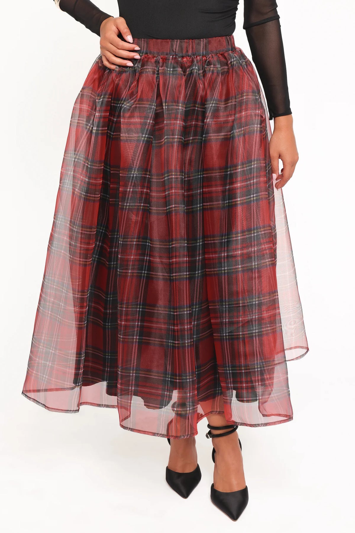 Red & Black Plaid Organza Double-Layer Maxi Skirt