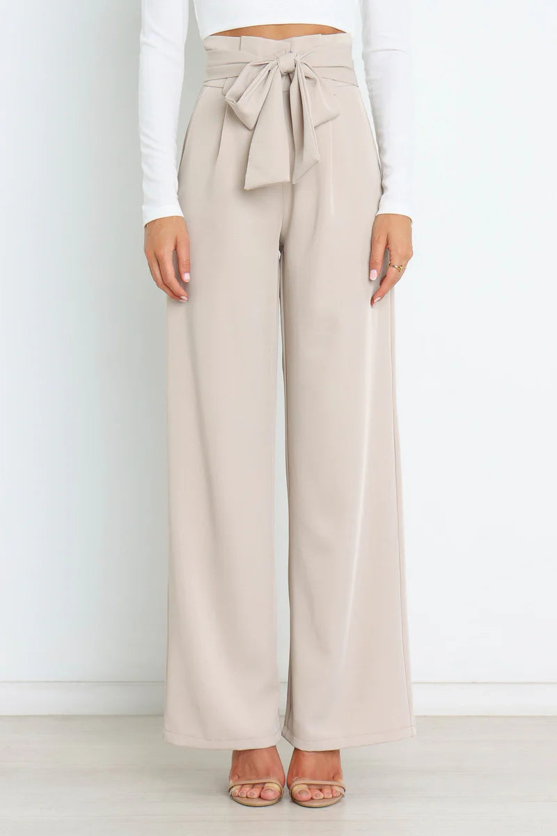 Oatmeal High-Waisted Tie-Waist Wide-Leg Tailored Trousers