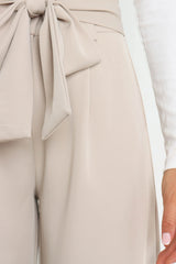 Oatmeal High-Waisted Tie-Waist Wide-Leg Tailored Trousers