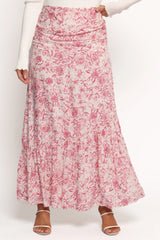 Pink & White Floral Print Ruched-Waist Ruffle-Hem Maxi Skirt