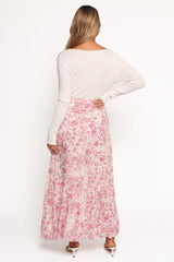 Pink & White Floral Print Ruched-Waist Ruffle-Hem Maxi Skirt
