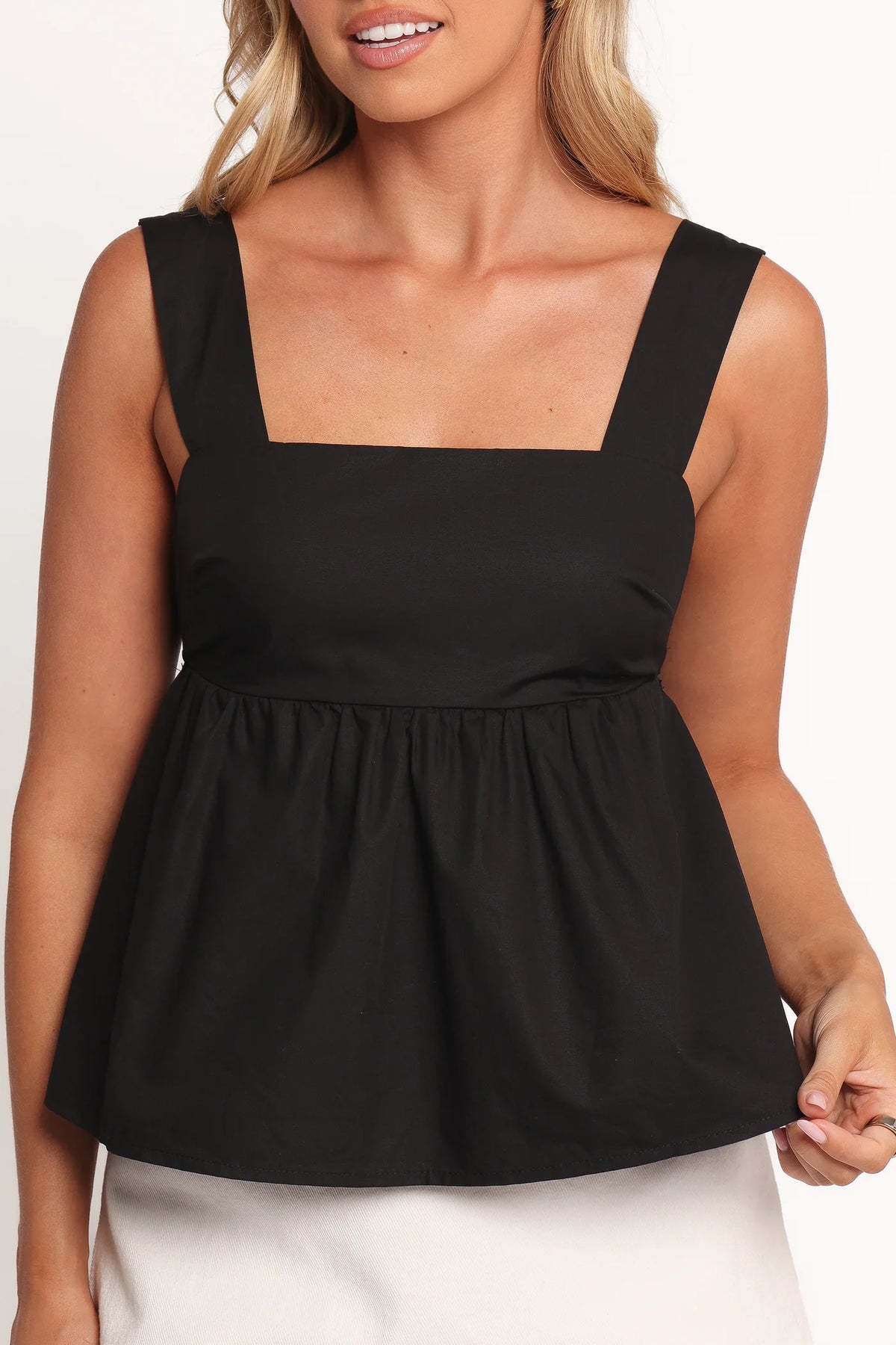 Black Square Neck Wide-Strap Peplum Tank Top