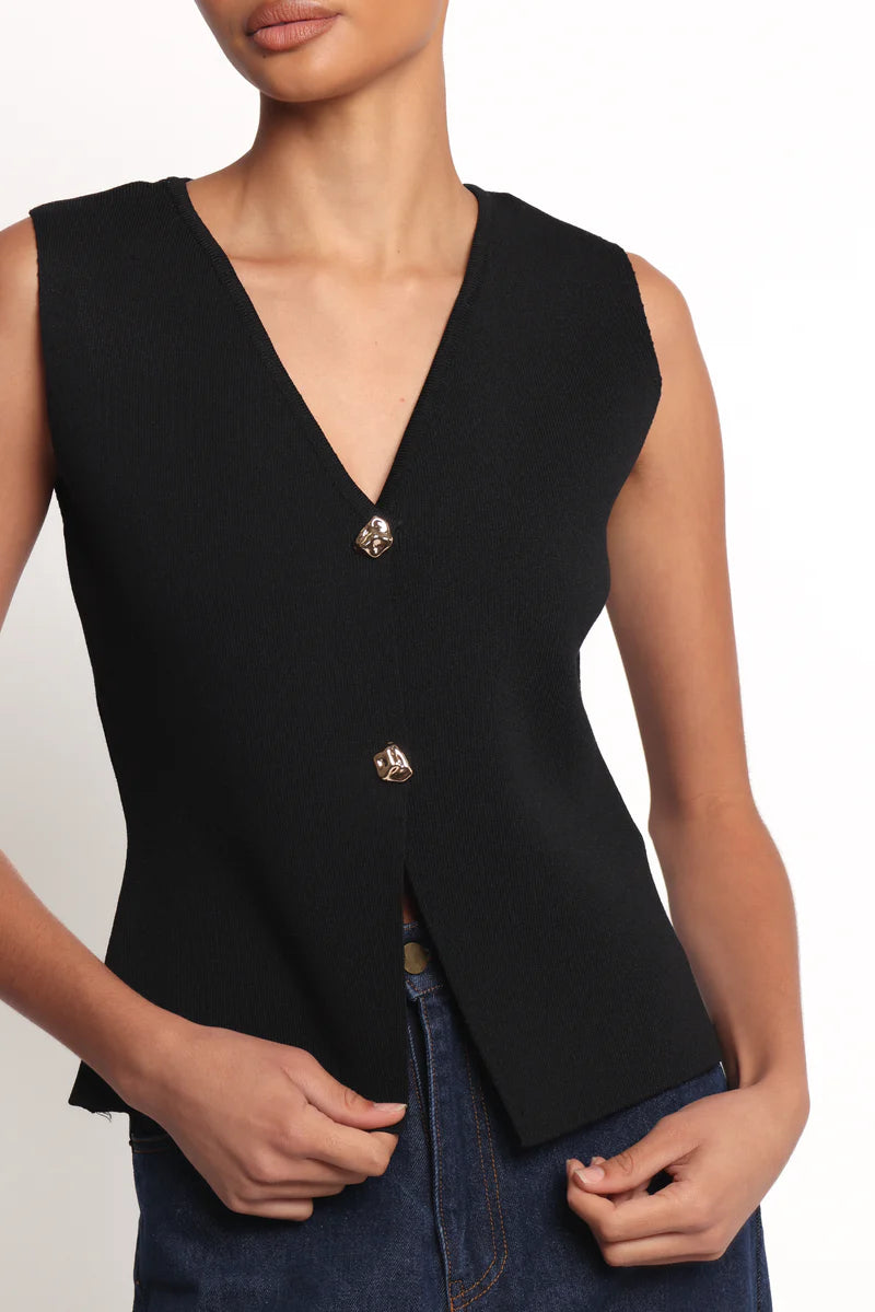 Black Ribbed Knit V-Neck Metal Button Sleeveless Vest