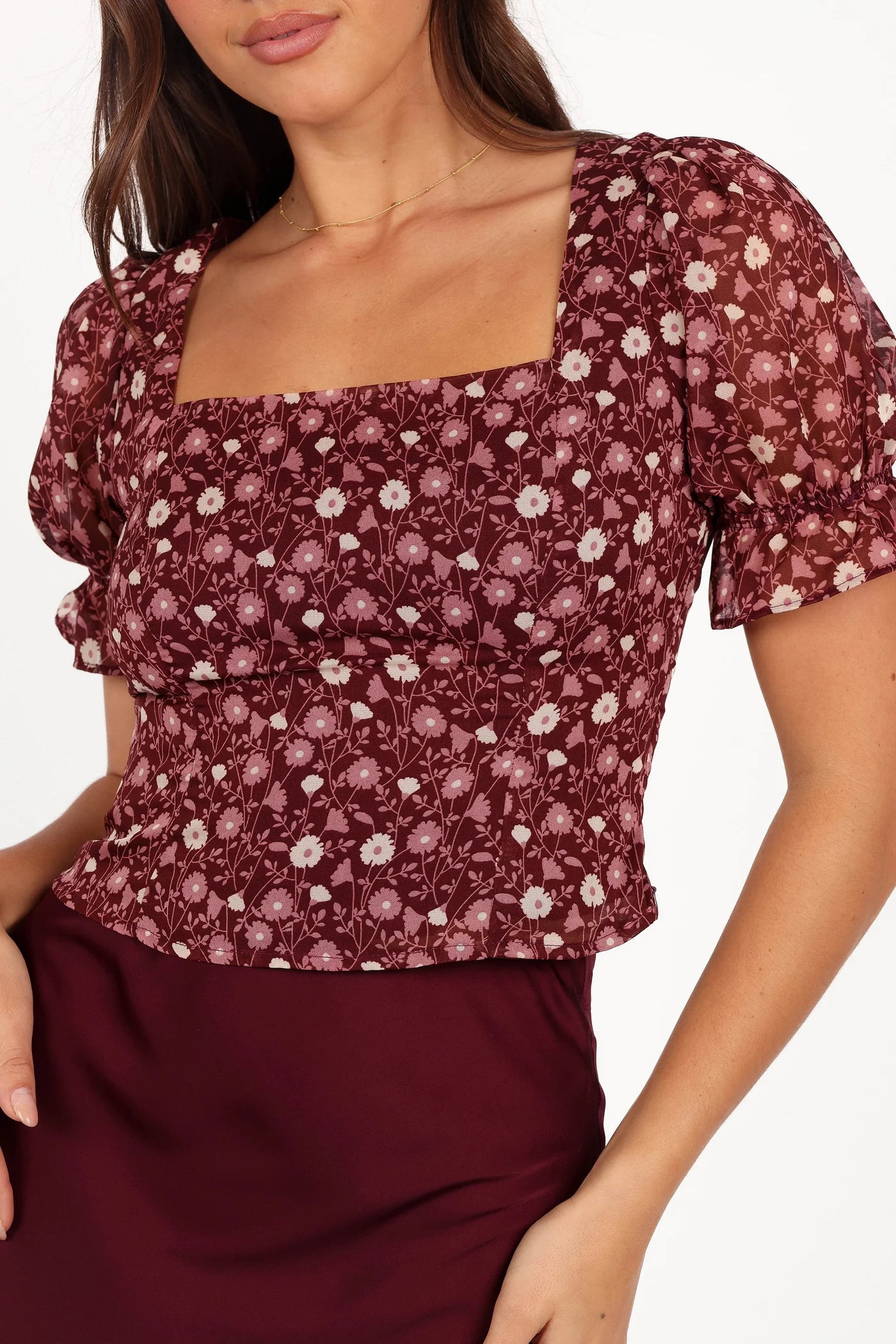 Burgundy Floral Print Square Neck Puff Sleeve Cropped Blouse
